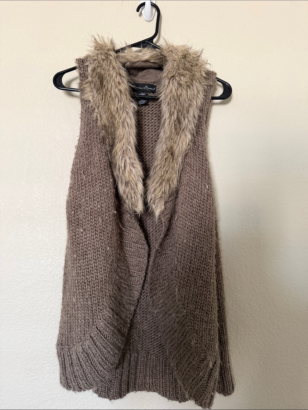 mercer & madison Taupe Knit Faux-Fur Trim Vest
